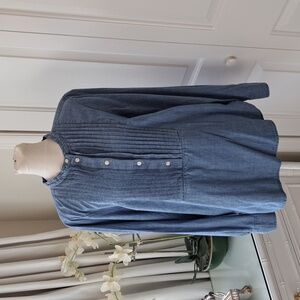 J.Crew Womens Classic Chambray Blue Denim  Pleated Button Front Tunic Shirt‎ S-M